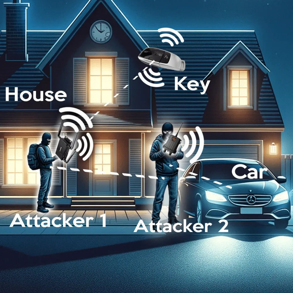 Illustration of a relay attack on a keyless car