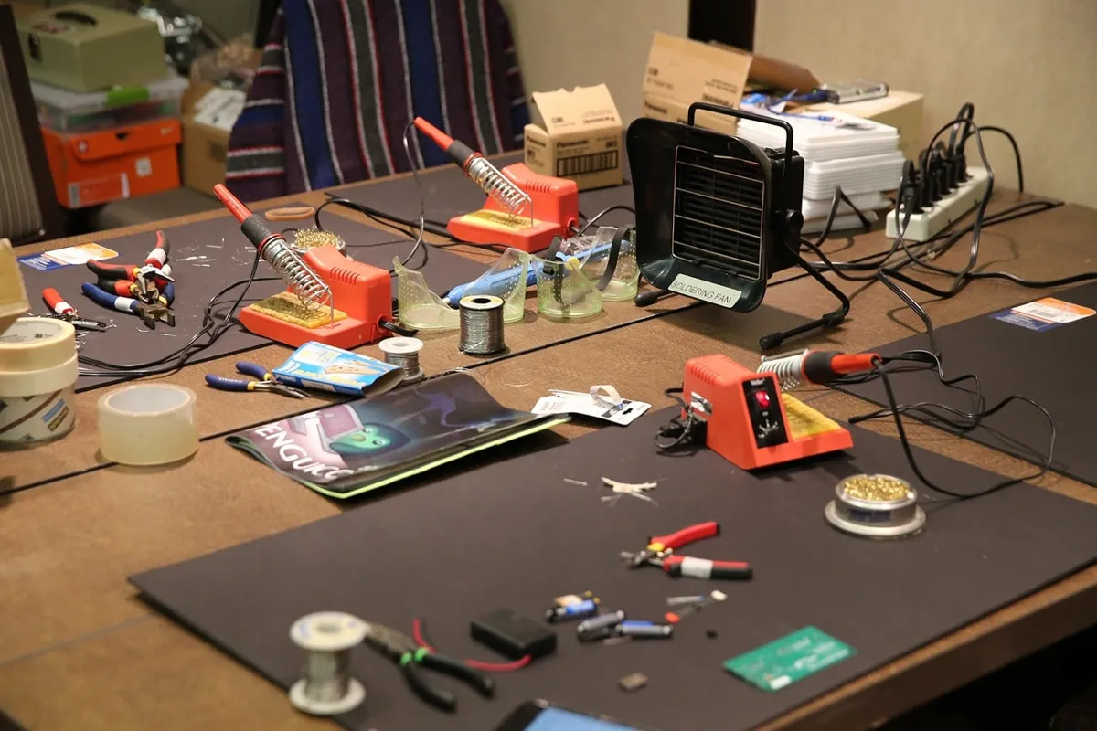 Electronics bench with soldering equipment