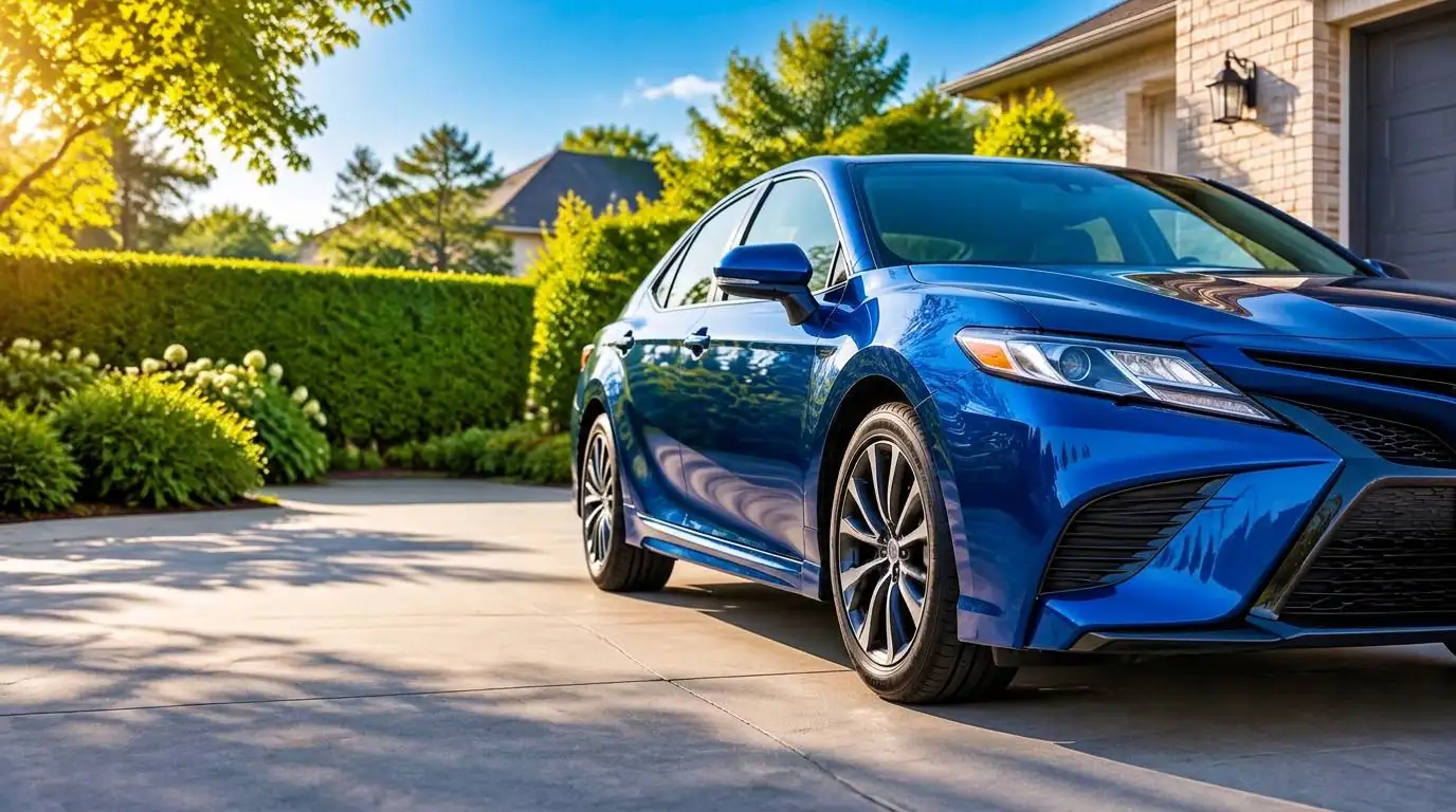 Blue car parked on a sunlit suburban driveway