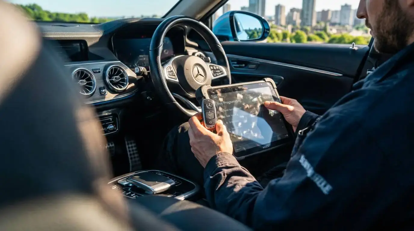 Locksmith programming a car key beside a vehicle with a diagnostic tablet